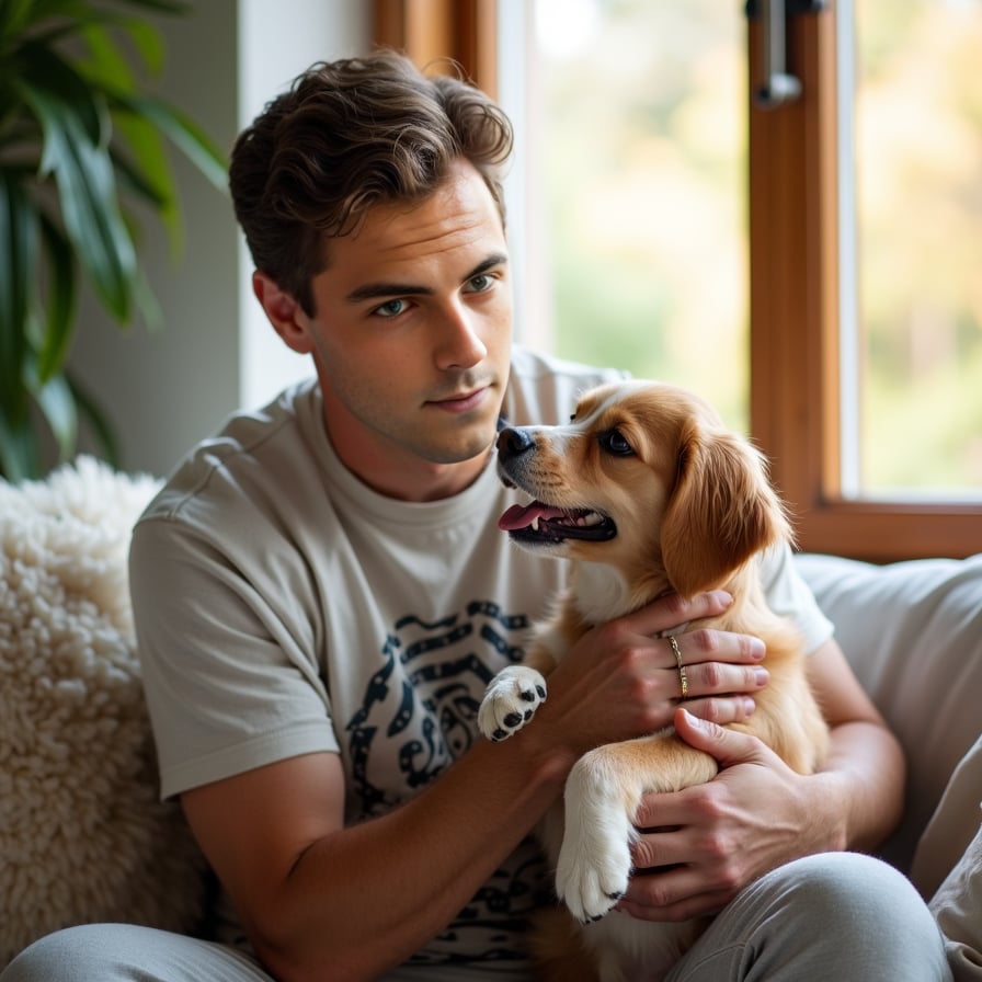 man in casual weekend attire, such as a graphic t-shirt and sweatpants, gently petting an adorable dog, with a warm and genuine smile on his face, under the soft and inviting natural light that filters through the windows of a cozy home setting, with subtle hints of comfortable furniture and decorative elements in the background.
