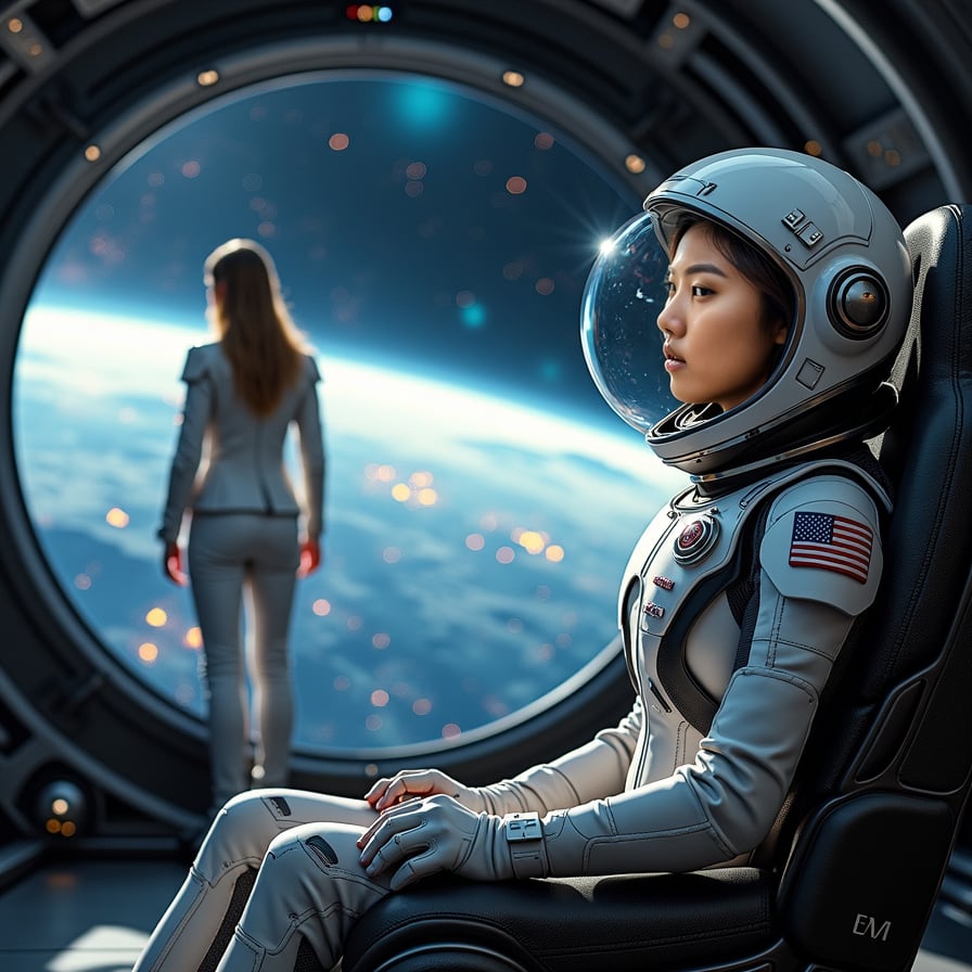 A woman captain standing on the command deck of a massive starship, looking out at the vast expanse of space through a large viewing window. She is dressed in a sleek, futuristic uniform. Outside, planets, nebulae, and stars fill the cosmos, while holographic displays around her show tactical maps and navigation data