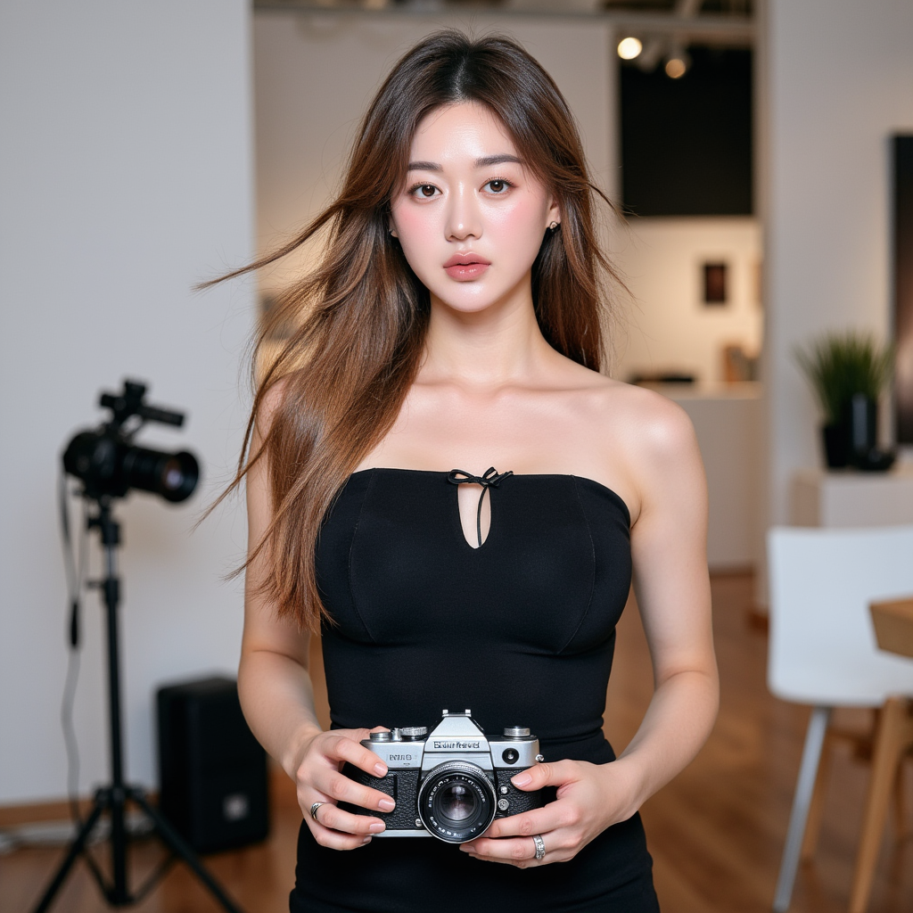 Portrait of a documentary-style photographer holding a camera with both hands, w
