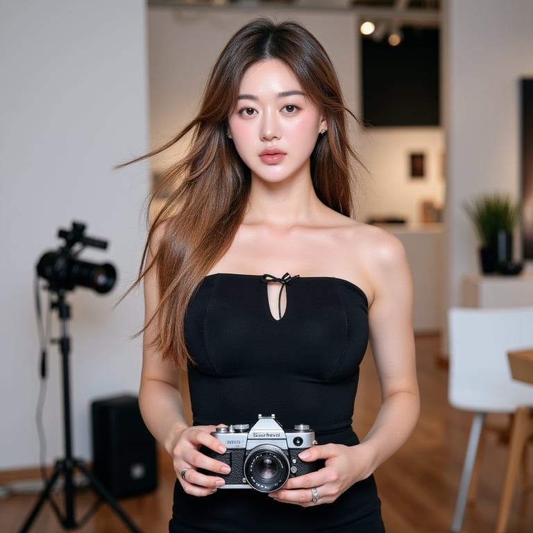 Portrait of a documentary-style photographer holding a camera with both hands, w