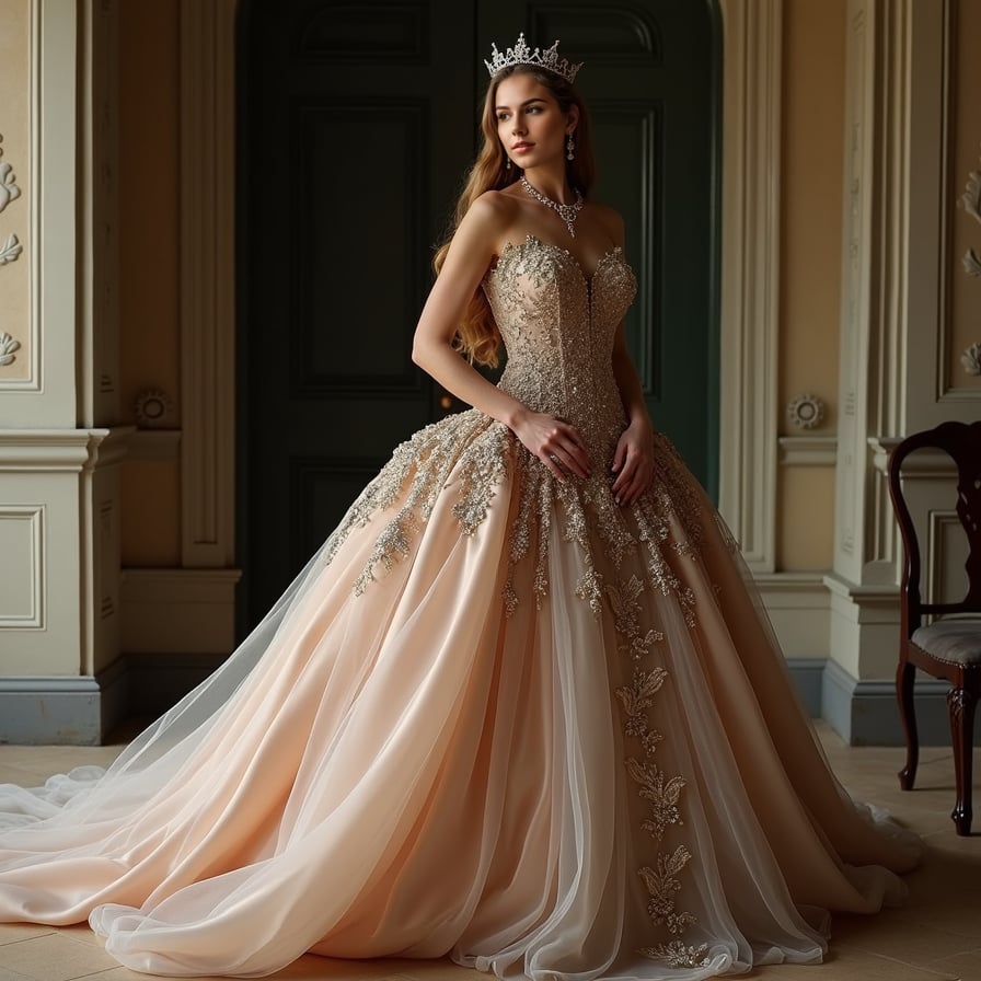Royalty Inspired: The model is dressed in regal attire, such as a majestic gown or a sophisticated suit, with intricate accessories. She poses in a grand, historical setting, like a palace or a stately home, embodying the elegance and poise of royalty.