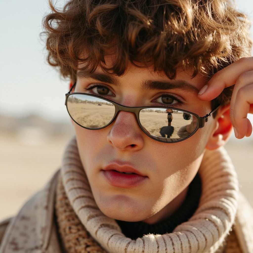 Editorial-style portrait of a futuristic desert wanderer, chrome mask pushed to the side, neutral expression, endless playa in the backdrop, high fashion Burning Man