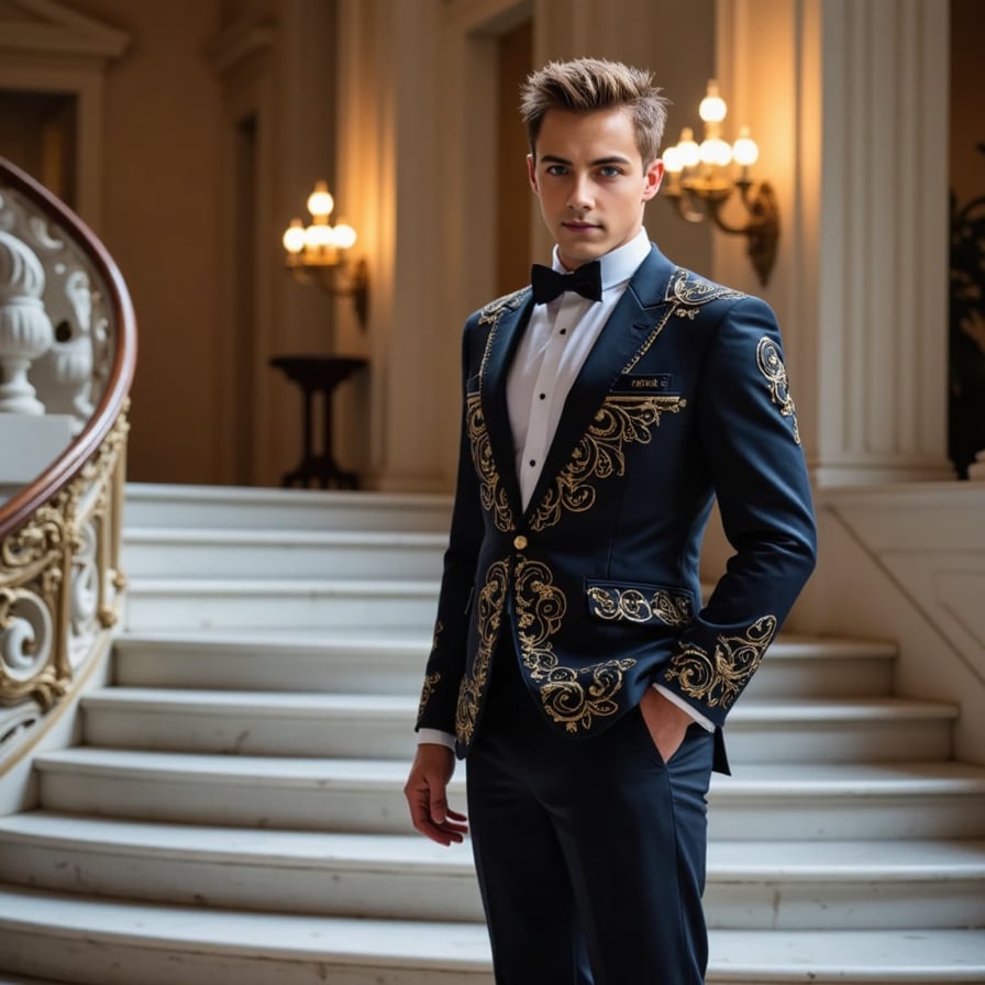 A high-fashion male Met Gala look combining classic tailoring with surrealist art elements — one half suit, one half sculptural armor