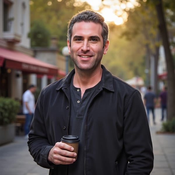 man wearing a dark henley shirt, captured in a frontal close-up portrait. Warm golden hour sunlight delicately illuminates one side of his face, highlighting hyperreal skin pores and fine beard detail. A soft smile plays on his lips, with subtle reflections visible in his eyes. The background is a gently blurred nature trail, creating a serene, natural ambiance.