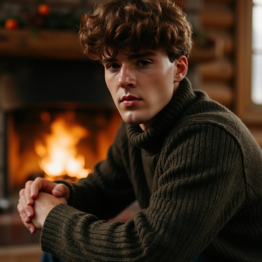 Hyperrealistic, highly detailed, HDR waist-up portrait of a man (male, ~35 yrs) sitting near a glowing fireplace in a dimly lit cabin interior. Camera slightly above eye level (~10° down). He wears a dark olive knit sweater with thick ribbed cuffs and visible wool fibers, sleeves loosely folded at wrists. His elbows rest lightly on knees, hands loosely clasped. Firelight reflects softly in his eyes, adding amber glow to facial contours. Background blurred but warm — faint flicker of flames and texture of brick hearth. Visible details: skin pores, faint stubble, sweater fibers, reflected light gradients on face. The mood: introspective Thanksgiving evening. HDR, high resolution, high quality, highly detailed, photorealistic.