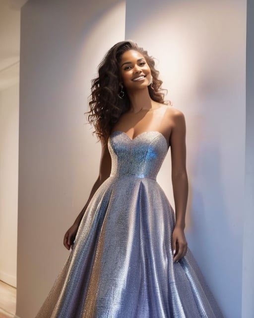 Stunning woman, multi-colored gown, plain wall, professional shot.