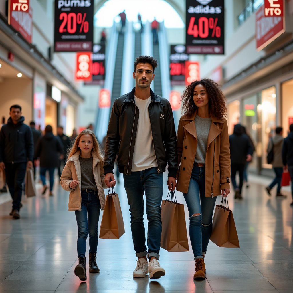 A  man walking confidently in a bustling shopping mall, holding several shopping bags. He is accompanied by either his close-knit family or a glamorous girlfriend dressed in trendy outfits. The scene includes a vibrant and modern interior with escalators in the background, and bright promotional banners advertising Black Friday sales. Prominent advertisements display offers like 'Puma: 30% OFF' and 'Adidas: 40% Discount,' creating a lively and energetic shopping environment
