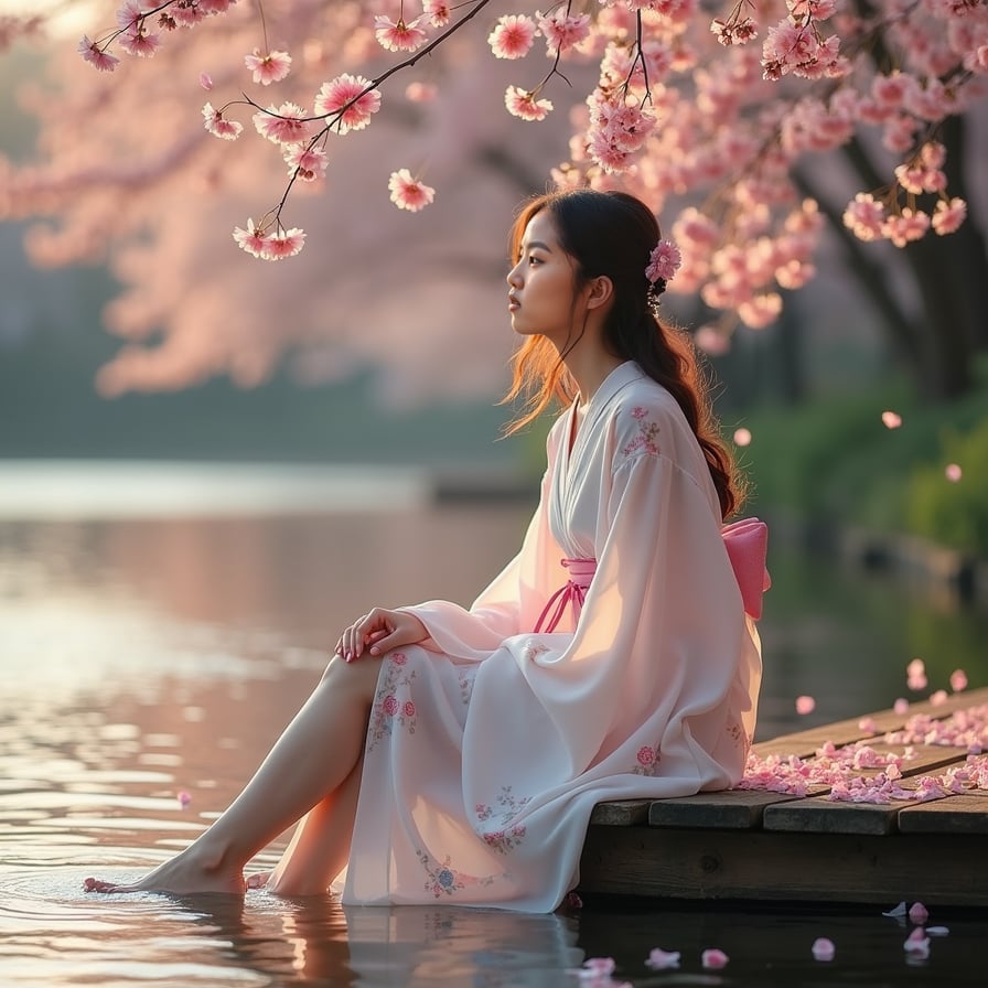A young woman sits on a wooden dock, dipping her feet into a calm river as cherry blossom petals drift on the water’s surface. She wears a flowing white dress, her expression peaceful as she gazes at the sunset.