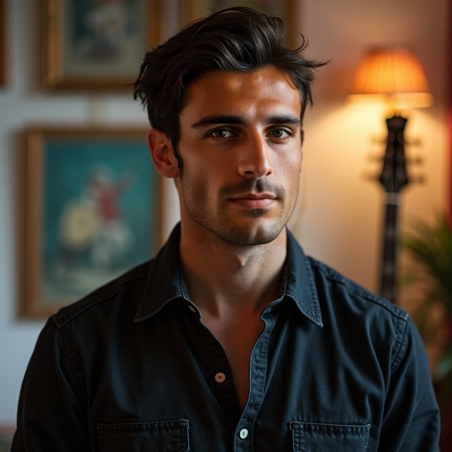 man in a dimly lit studio or gallery. He is wearing a simple yet stylish outfit, such as a dark shirt or jacket, with a canvas or musical instrument subtly visible in the background. His expression is thoughtful and creative, showcasing his artistic side