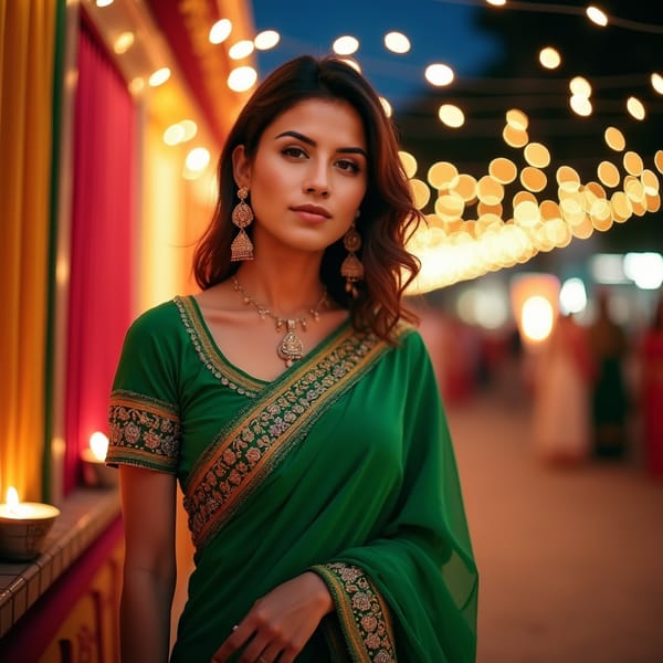 woman in a vibrant green saree, adorned with intricate embroidery and sequins, standing against a stunning nighttime backdrop, under the soft glow of twinkling lights, with a subtle Indian-inspired jewelry and a radiant smile