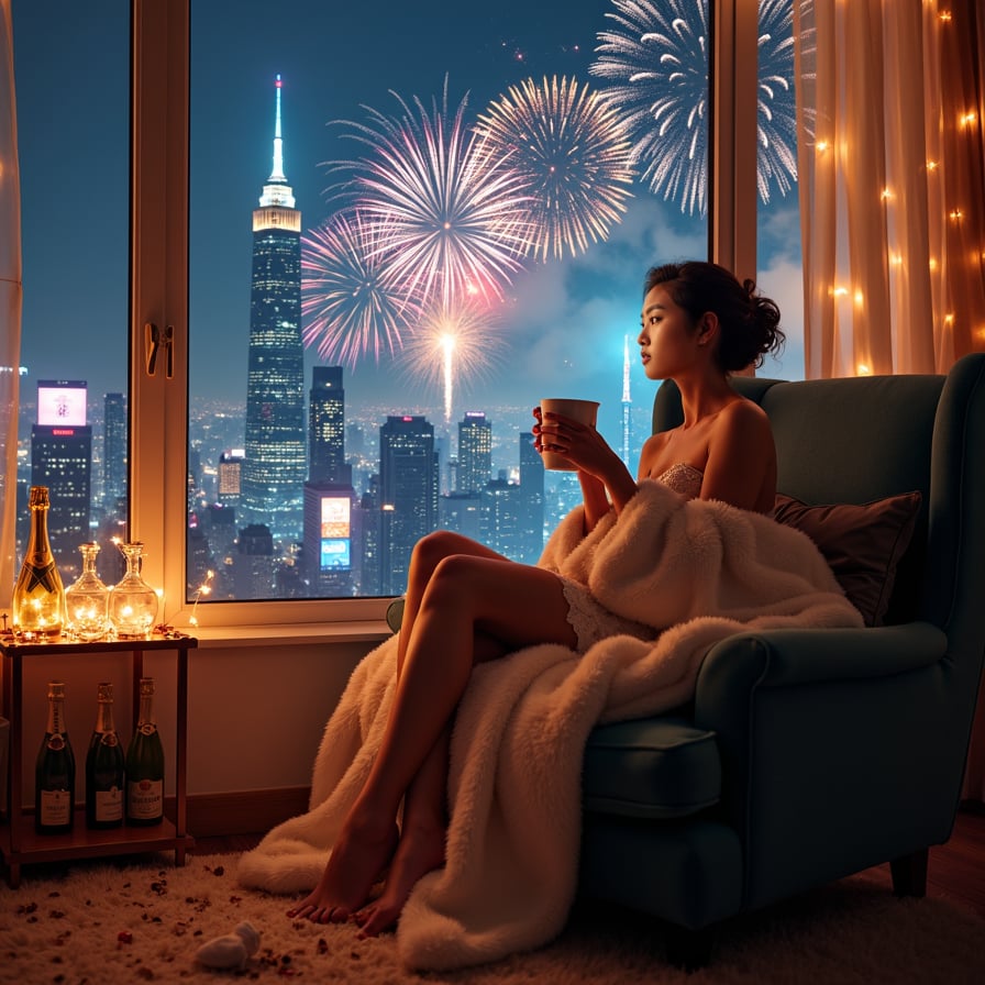 A serene woman sitting on a cozy armchair by a large window, wrapped in a soft blanket, sipping hot chocolate, and gazing at the starry night sky as fireworks burst in the distance