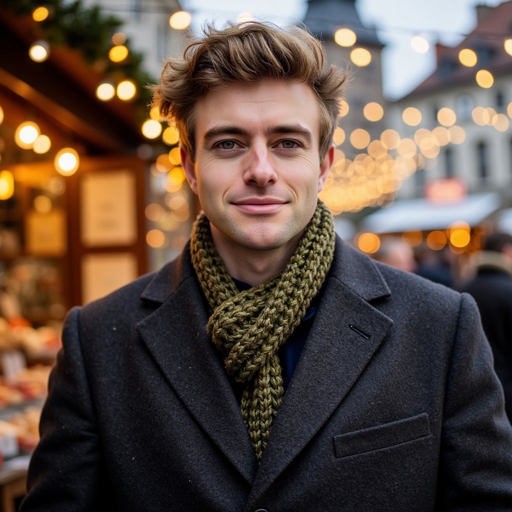 Head-and-shoulders portrait of a man at a Christmas market, framed slightly off-center. He wears a charcoal wool peacoat and a textured olive knit scarf wrapped neatly.
Hair: styled with matte texture; short beard with crisp definition.
Lighting: warm market stall lights from behind creating golden rim light, with soft diffused key from the front.
Background: blurred warm bokeh from market booths and string lights—no clutter, clean, inviting glow.
Camera: 50mm f/1.6; highly realistic, highly detailed, HDR, revealing wool fibers, scarf stitching, and rich market light.
