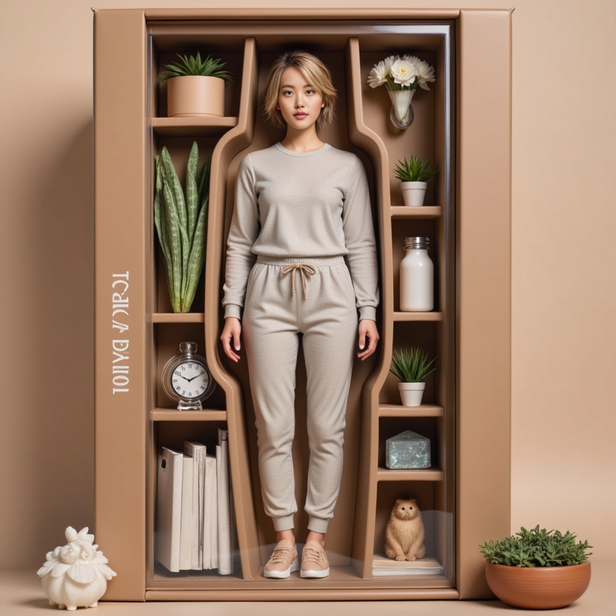 Woman in activewear, with a water bottle, plants, and crystals around her — sere
