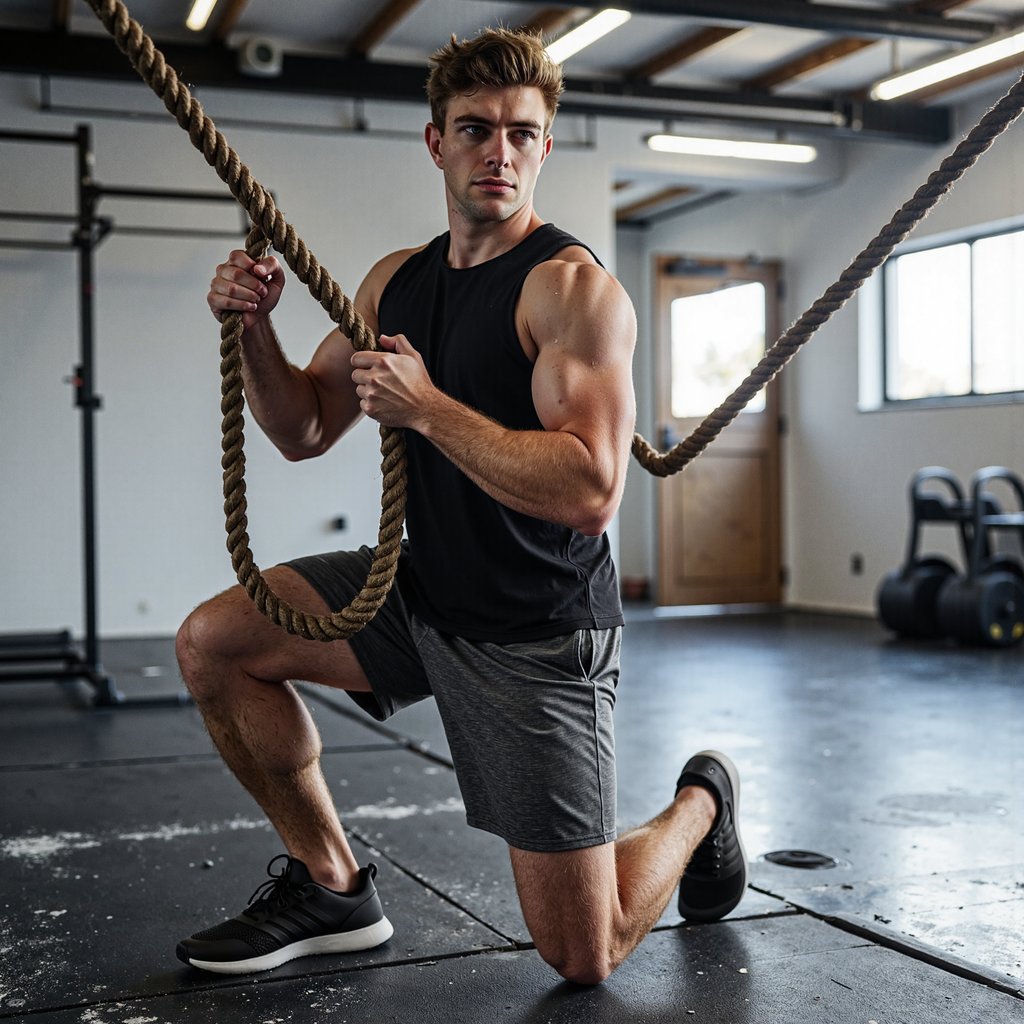Man generating alternating waves with heavy battle ropes in a minimalist training studio; close-cropped hair, focused eyes, sweat beads across brow; wearing a jet-black moisture-wicking tank (micro-mesh panels visible) and charcoal 7” training shorts, flat trainers; neutral overhand grips on both rope ends (no finger interlocking), forearms taut; low three-quarter front angle from knee height, 35mm full-frame, f/2.8, 1/2000, ISO 800 to freeze rope arcs and sweat droplets; cross-lit by overhead LED strips and a cool window rim from camera right; black rubber flooring and a single sled softly blurred—minimal clutter; crisp detail on rope fray, fabric grain, forearm hair, and chalk dust; highly detailed, highly realistic, HDR, no text or watermark.
