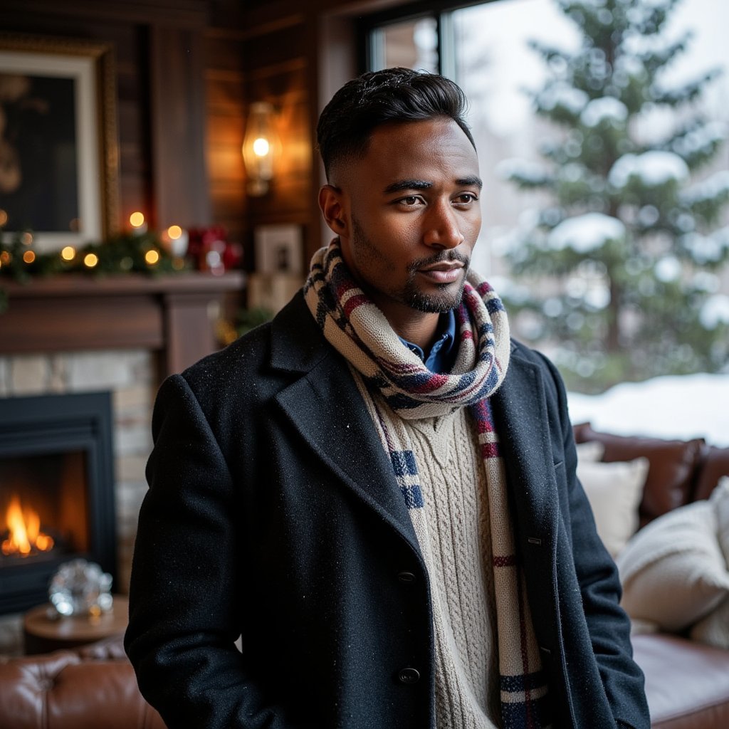 Man standing on a snow-dusted stone terrace overlooking pine forest; body slightly turned, eyes into distance. Hairstyle: swept-back hair, trimmed beard with snow specks. Attire: dark wool overcoat layered over a cream cable-knit sweater, plaid scarf loosely wrapped. Fabric details: visible wool fibers, scarf weave, frost crystals. Camera: medium telephoto, 70mm, f/2.8. Lighting: soft overcast daylight, gentle edge light from snow reflection. Background: blurred snow-covered pines and lodge windows glowing faintly; minimal foreground clutter. Pose: hands in coat pockets, posture upright. Render: highly detailed, highly realistic, HDR; visible breath mist, true skin tone under cool light.