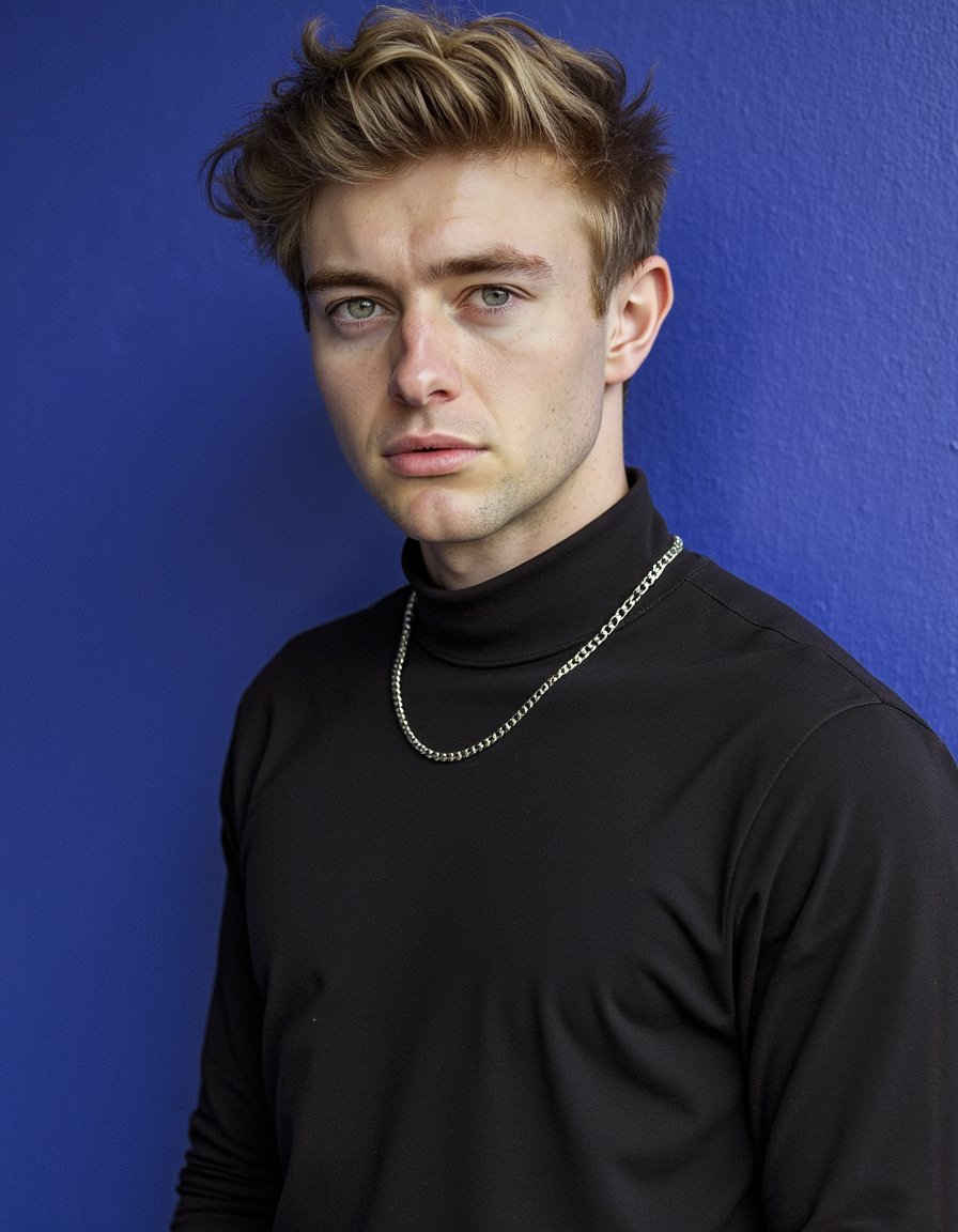 Waist-up portrait of a young man with styled hair, wearing a black turtleneck and silver chain. Background: solid electric blue. Slight 45-degree body angle, serious gaze into camera. Harsh side lighting casting mild shadows. Realistic stubble, skin pores, sharp separation from vivid backdrop.