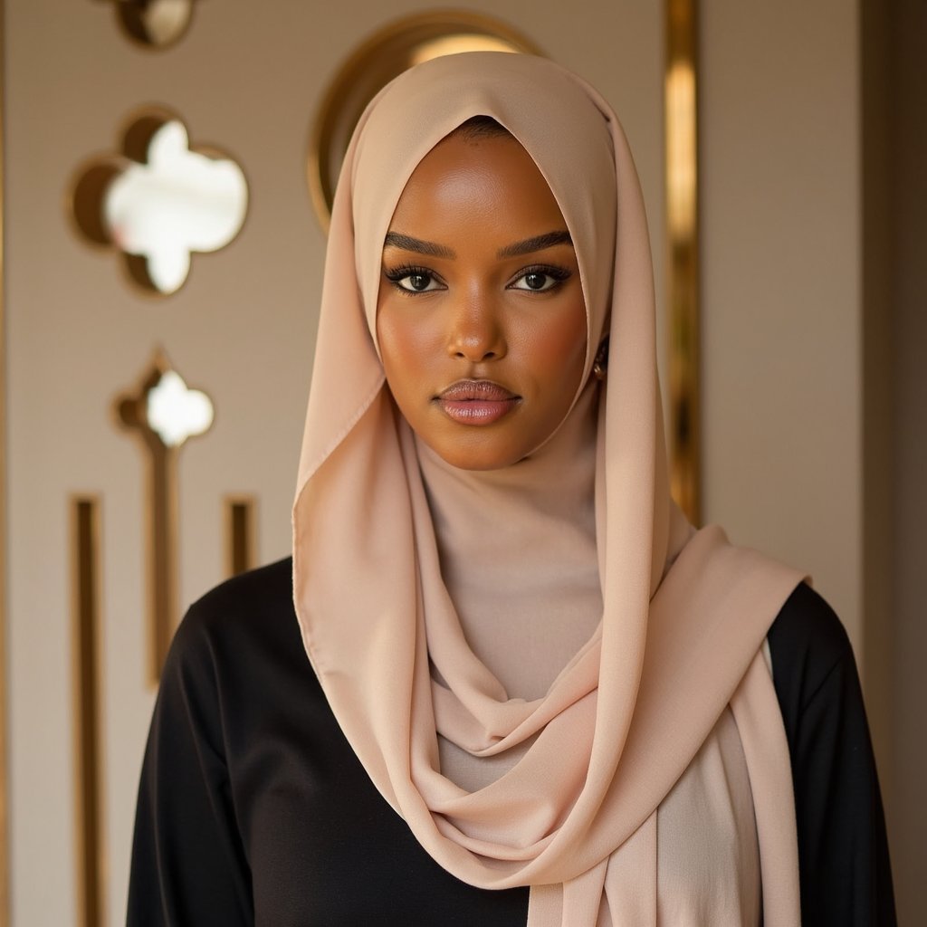 woman in a modest, graceful look, with her hair respectfully covered in a soft draped fabric. She is photographed in a warm, serene setting with soft lighting and gentle shadows that enhance her peaceful expression. The background features minimal Islamic design accents, softly blurred. Her appearance radiates quiet reverence and dignity. Hyper-detailed, soft tones, respectful styling, spiritual calm.