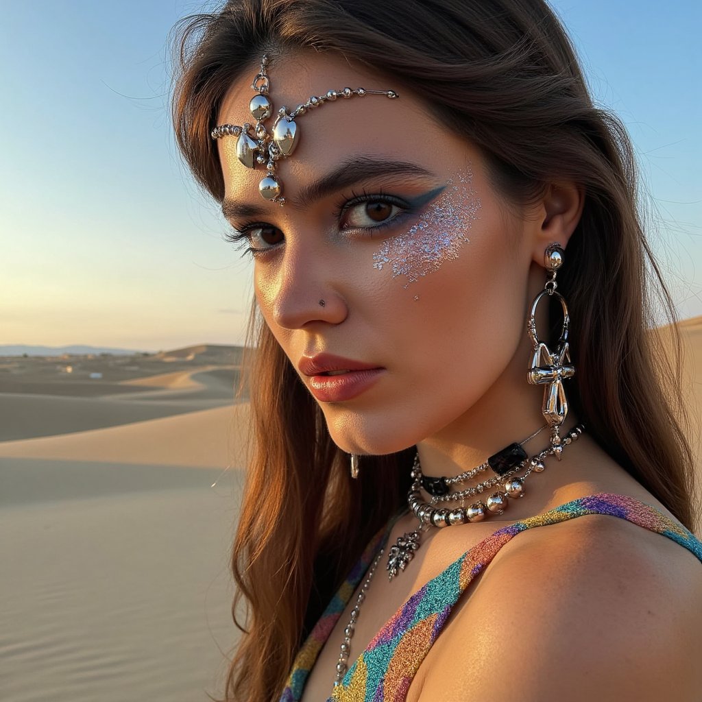 Close-up headshot of a cyber-tribal woman with face jewels and LED earrings, dramatic eye makeup, sandstorm background, Burning Man aesthetic