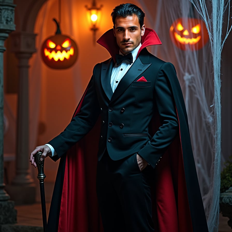 Dracula-inspired man, eerie backdrop, black suit, red cape.