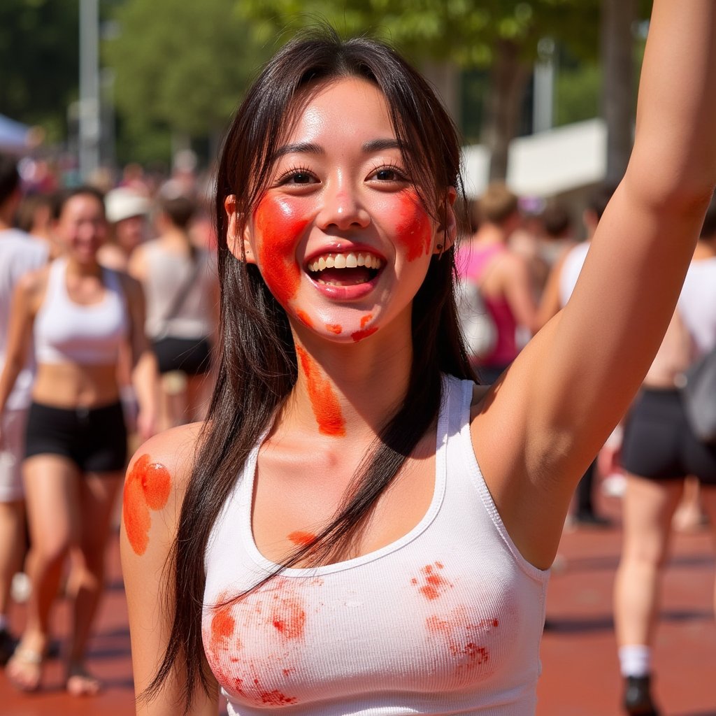 Knee-up portrait of a woman in a white tank top soaked with tomato sauce, one hand raised mid-throw, sunny outdoor light, La Tomatina energy