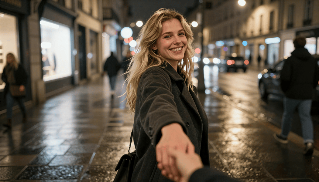 A candid, ultra-realistic nighttime street photo of a young blonde woman smiling excitedly while holding the viewer’s hand and leading them forward.
She is wearing a dark oversized coat and jeans, hair loose and slightly wind-blown.
The camera perspective is first-person, arm extended, hand-holding visible in the foreground.
Scene takes place on a wet European city street at night, with glowing shop lights, street lamps, reflections on the pavement, and soft bokeh from cars and pedestrians in the background.
Natural motion blur, handheld smartphone photo feel, authentic street photography, spontaneous moment, not posed.
Real skin texture, natural lighting, no beauty filters, no studio look.
Shot on a wide-angle lens, shallow depth of field, cinematic but realistic, Instagram-style candid travel photo.