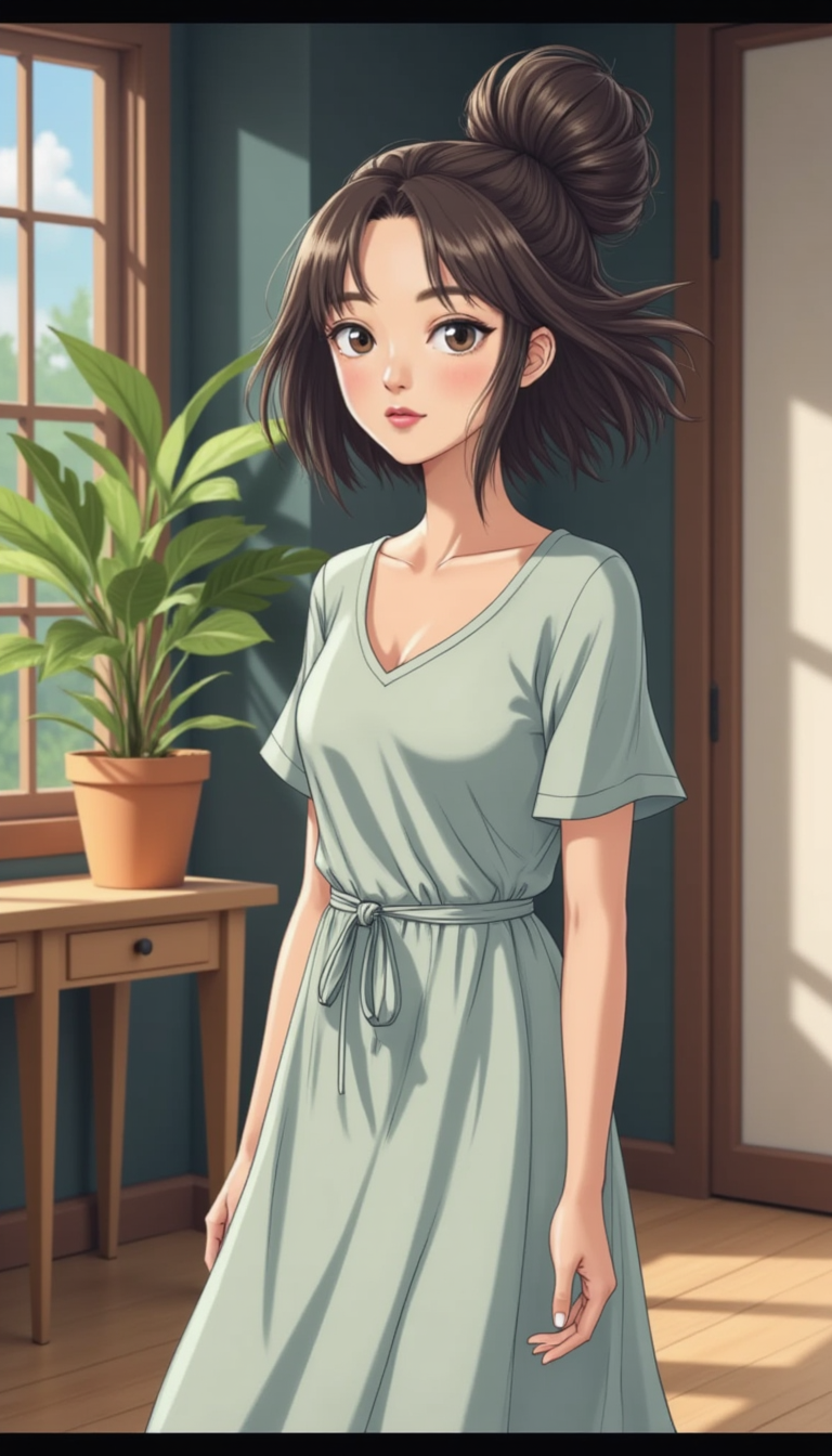 A woman depicted precisely as a character from one of Studio Ghibli's famous sce