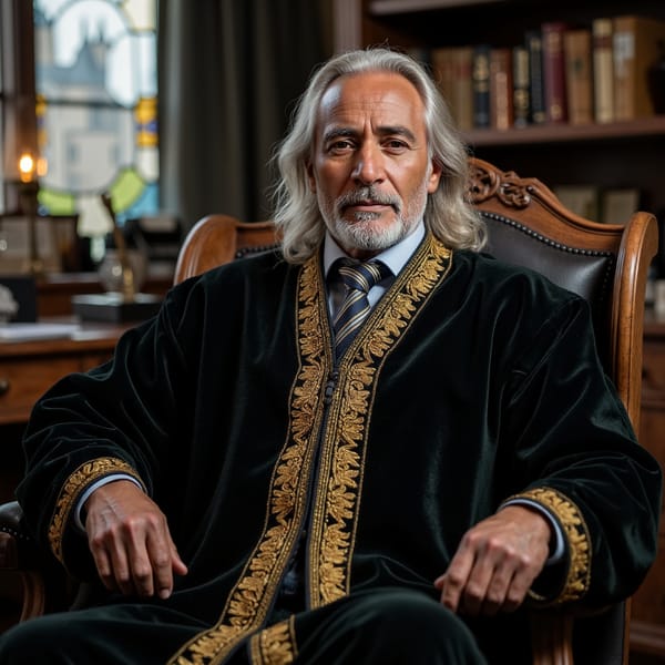 Ultra-detailed, highly realistic HDR seated portrait of a 70-year-old male wizard with warm brown skin, fine wrinkles around kind hazel eyes, and a neatly combed silver mane flowing past shoulders, full matching beard. Wearing an opulent black velvet robe with gold-thread brocade trim, every stitch glinting subtly under light. Pose: seated in a carved high-backed chair, hands resting on armrests, body facing camera, head slightly turned to right as if listening thoughtfully. Camera: Hasselblad X2D, 85mm f/2 prime, aperture f/2, camera at eye level for intimate, dignified composition. Lighting: key light from warm desk lamp (3200K) to left softly illuminating face and robe texture, secondary cool daylight rim (5600K) from stained-glass window behind creating halo-like edge on hair; micro-shadows cast by brocade threads adding depth to fabric. Background: softly blurred wooden shelves lined with neatly arranged books and a single delicate silver instrument catching light, zero clutter beyond key props.