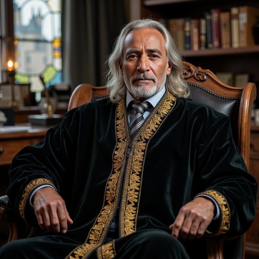 Ultra-detailed, highly realistic HDR seated portrait of a 70-year-old male wizard with warm brown skin, fine wrinkles around kind hazel eyes, and a neatly combed silver mane flowing past shoulders, full matching beard. Wearing an opulent black velvet robe with gold-thread brocade trim, every stitch glinting subtly under light. Pose: seated in a carved high-backed chair, hands resting on armrests, body facing camera, head slightly turned to right as if listening thoughtfully. Camera: Hasselblad X2D, 85mm f/2 prime, aperture f/2, camera at eye level for intimate, dignified composition. Lighting: key light from warm desk lamp (3200K) to left softly illuminating face and robe texture, secondary cool daylight rim (5600K) from stained-glass window behind creating halo-like edge on hair; micro-shadows cast by brocade threads adding depth to fabric. Background: softly blurred wooden shelves lined with neatly arranged books and a single delicate silver instrument catching light, zero clutter beyond key props.