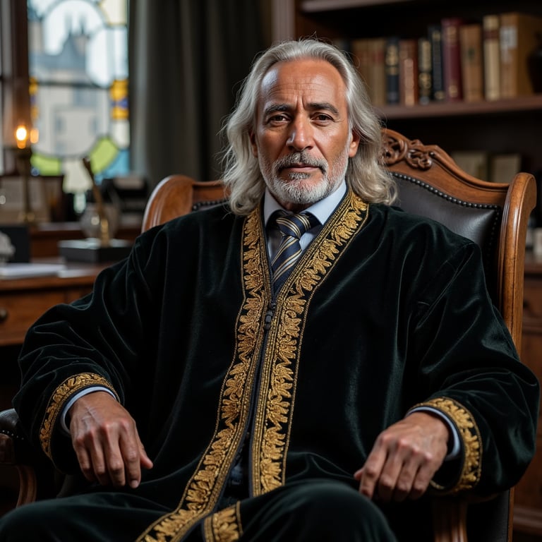 Ultra-detailed, highly realistic HDR seated portrait of a 70-year-old male wizar