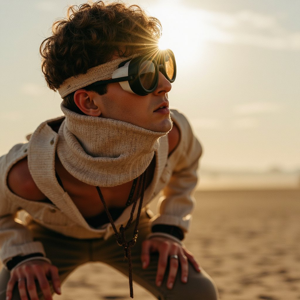 Knee-up portrait of a man in steampunk desertwear, layered fabrics and goggles, confident stance, haze in background, Burning Man 2025 theme
