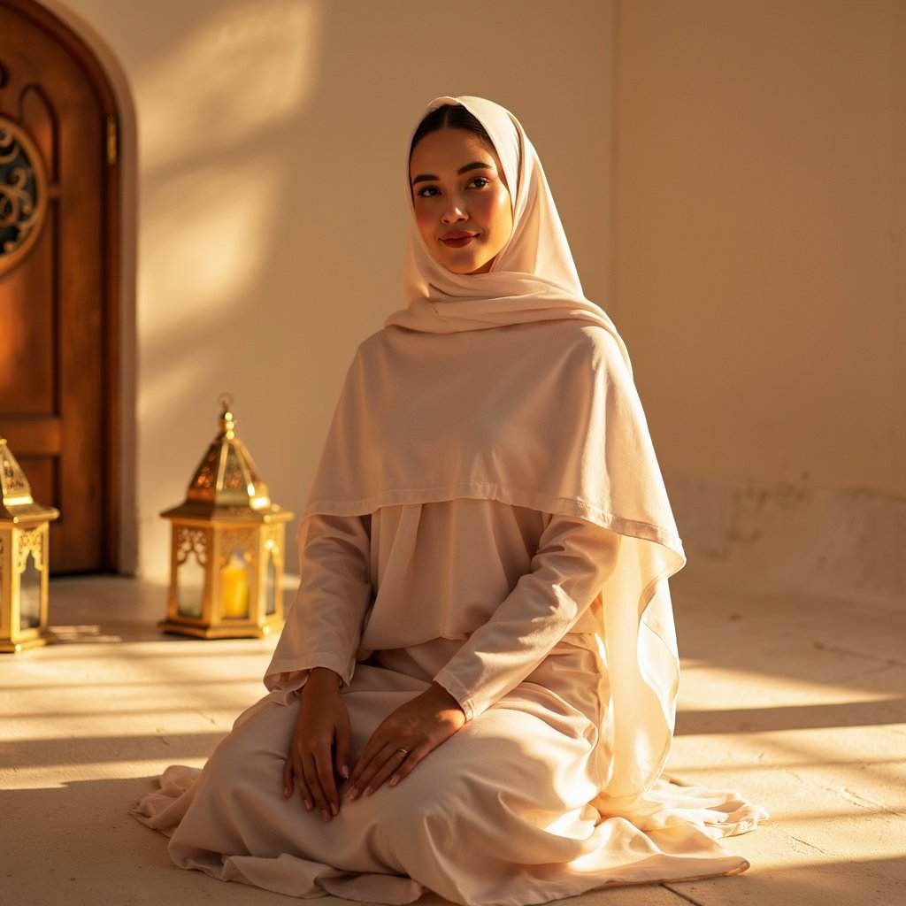 Knee-up portrait of a woman in a flowing abaya with soft pastel hues, subtle smile, surrounded by decorative lanterns in gentle golden light — inspired by Mawlid traditions