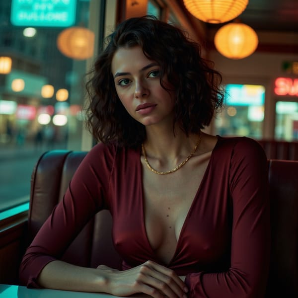 A cinematic portrait of a woman (early 30s) seated in a retro diner booth at night, waist-up, camera slightly to the side (3/4 angle) so her shoulder is closer to lens, creating depth. Hair: voluminous curly bob, glossy, defined curls. Face: realistic skin texture, subtle blush, faint smile that feels guarded, eyeliner sharp but not overdone, reflections of neon in her eyes. Wardrobe: deep red satin blouse with realistic sheen and micro-wrinkles, delicate gold chain necklace, sleeves slightly rolled. Lighting: neon sign outside window casts teal highlights on one side of her face, a warm tungsten practical from above adds golden fill, subtle reflections on tabletop; background is softly blurred diner interior with minimal shapes, no readable signage. Camera: 50mm lens, f/1.8, shallow DOF, cinematic teal-orange grade, realistic highlights and shadow detail. Highly detailed, highly realistic, HDR quality, cinematic color grading, minimal background clutter.