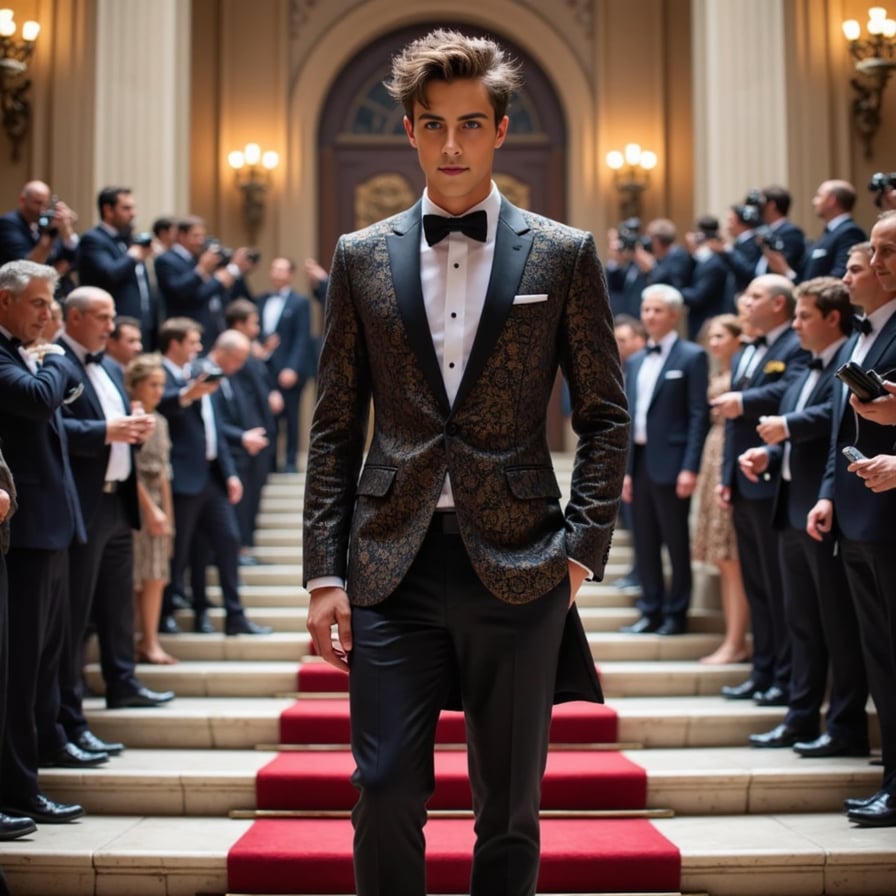 A high-fashion male Met Gala look combining classic tailoring with surrealist art elements — one half suit, one half sculptural armor