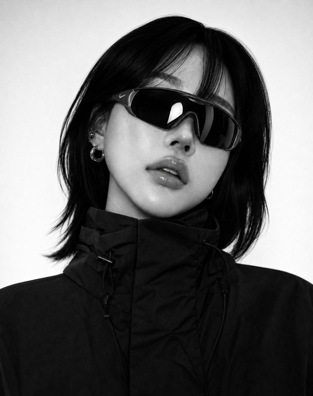 Close-up black and white fashion portraits using the uploaded photo as the facial identity reference, preserve the exact facial structure, hairstyle, skin texture, and overall likeness from the uploaded image. The subject is wearing sporty wraparound dark sunglasses with reflective lenses and a high-collared bulky black garment that covers the neck. The portrait features a neutral expression and centered composition against a solid white studio background. Technical execution involves high-contrast lighting to emphasize sharp facial details, a shallow depth of field, and a subtle vignette to create dramatic monochrome tones. The overall aesthetic is a minimalist avant-garde editorial inspired by an ultra-premium Nike Atelier campaign, utilizing professional studio fashion photography and editorial lighting to convey a luxury sportswear mood with clean monochrome contrast in a 4:5 ratio with no cropping