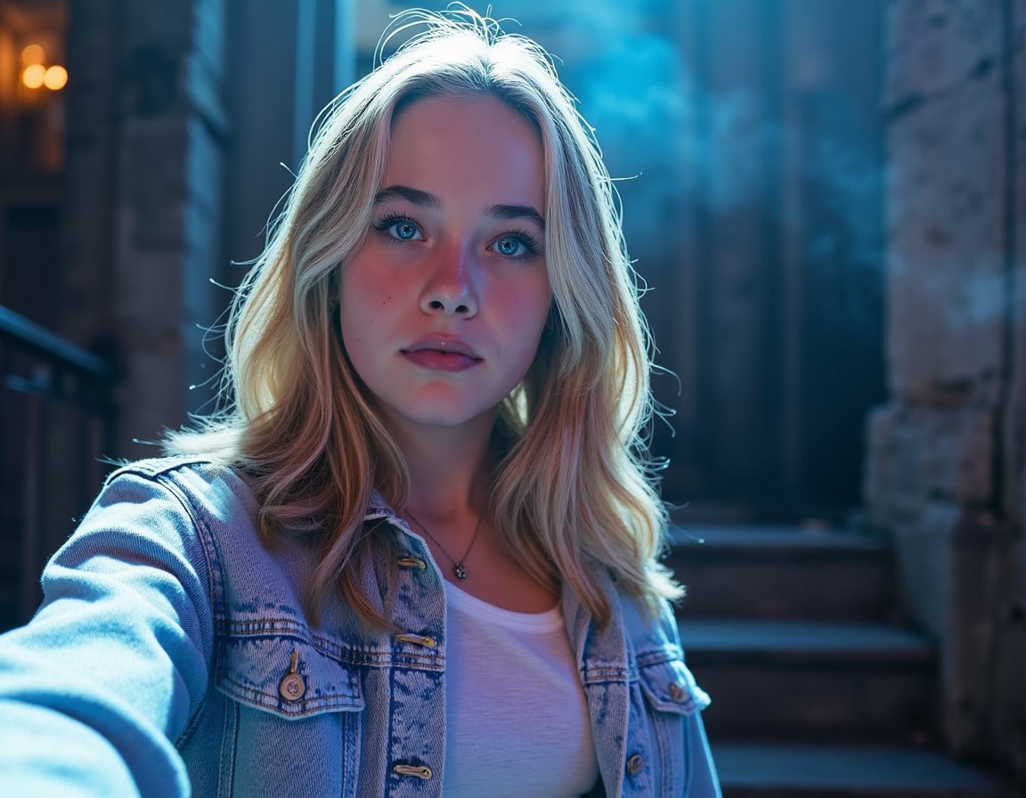 woman, in a side-by-side composition: the left half captures her in a candid, sunlit selfie, adorned in a light denim jacket and a simple white t-shirt, her hair casually swept to one side. The right half shows her ethereal transformation into a haunting digital phantom, her semi-translucent skin shimmering with floating pixel fragments. Her eyes glow with an intense cyan light, illuminated by vaporwave lighting that casts an otherworldly glow. The surreal atmosphere is underscored by an intricate network of data streams subtly intertwining in the background, creating a detailed cinematic realism with a smooth transition effect between both halves.
