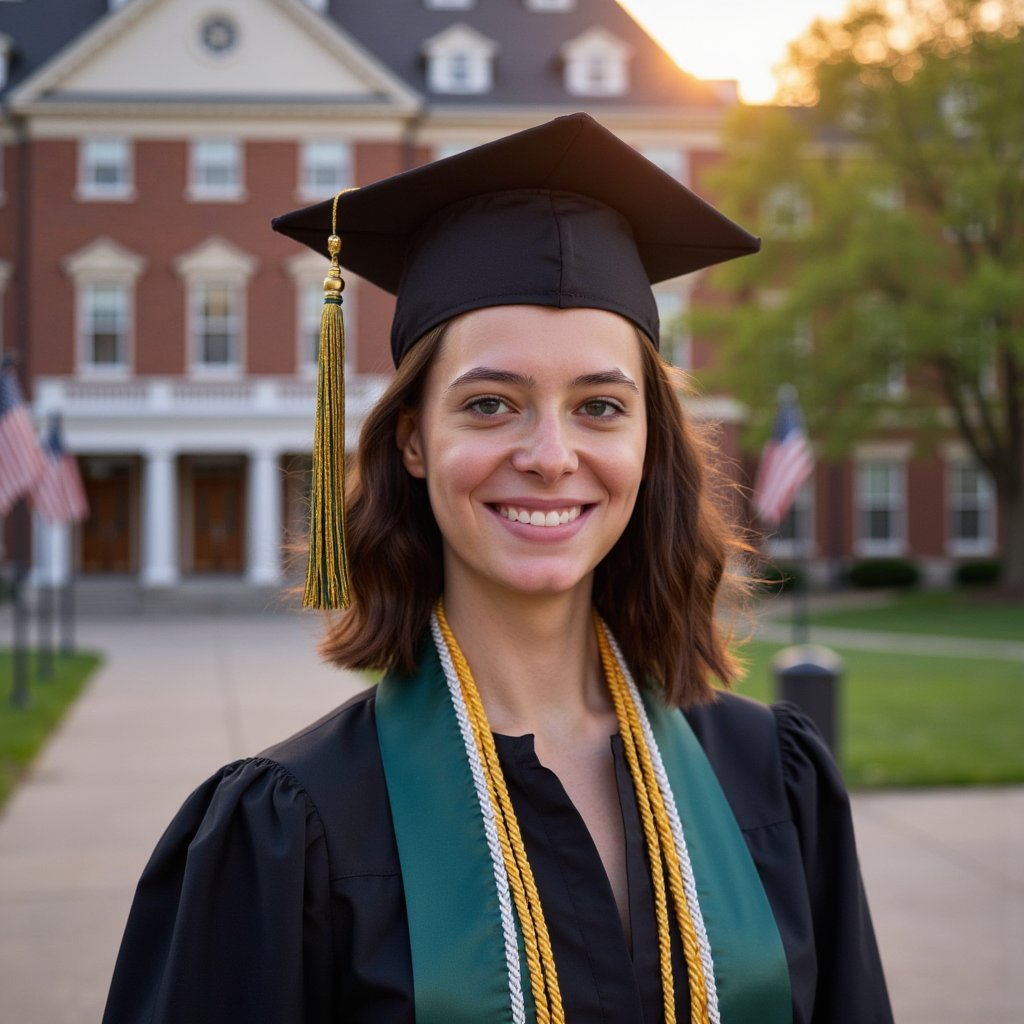 Waist-up portrait of a woman graduate on a campus quad at golden hour, shoulders angled, chin slightly lowered, soft closed-lip smile; wearing a black gown with double honor cords (gold & white) and a deep green satin stole; natural curls gathered into a low ponytail, a few tendrils framing her face; camera slightly above eye level for a flattering angle; 135mm equivalent, f/2.2, ISO 100; backlit rim light outlining the mortarboard and hair, with a large reflector in front for gentle fill; background: brick administration building, flags and spring foliage blurred into warm bokeh; texture notes: subtle stitching along the stole edge, fabric grain on the gown sleeves, tassel threads separated; minimal clutter, buttery background, skin texture preserved, highly detailed, highly realistic, HDR.
