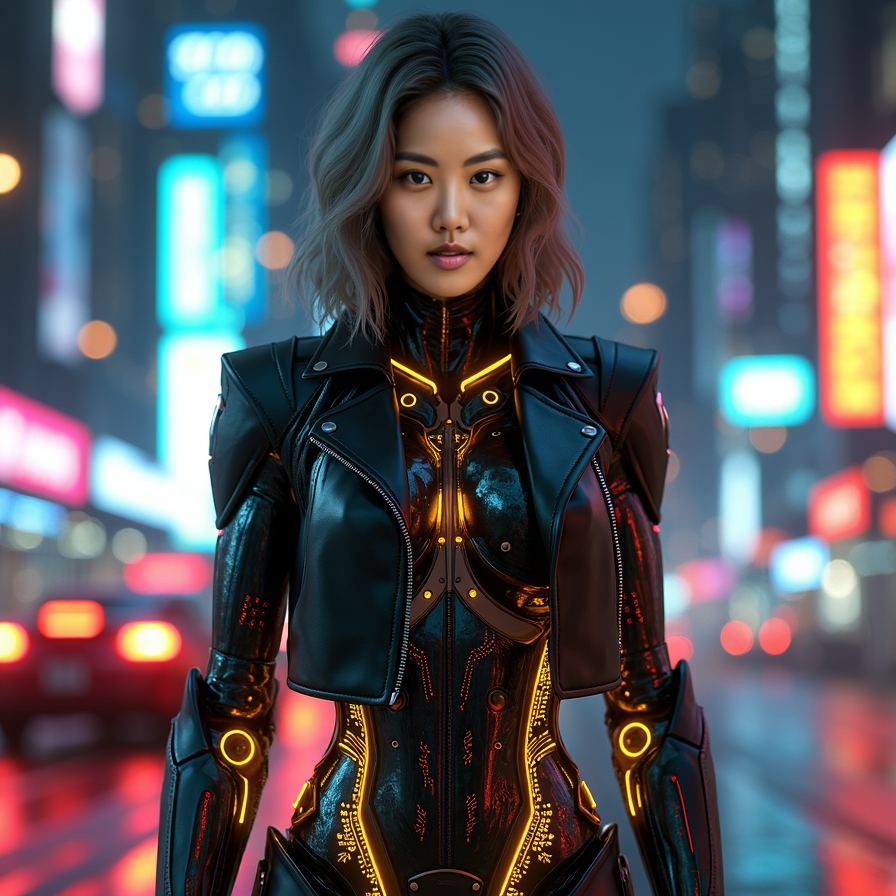 woman in futuristic cyborg costume with metallic limbs, glowing yellow circuits,
