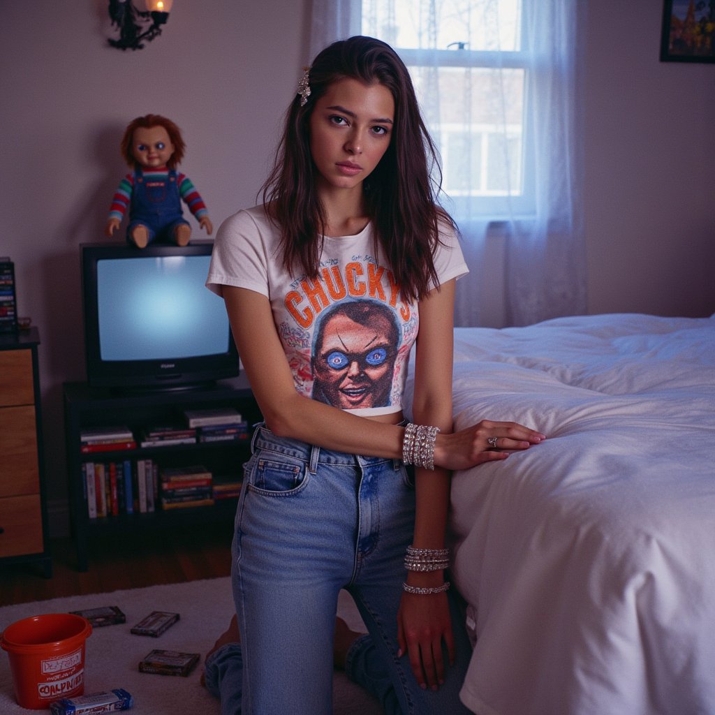young woman kneels beside her bed in a Y2K-style girly bedroom. She wears low-rise jeans with rhinestone details, a cropped baby tee with a glittery Halloween print, and jelly bracelets stacked on her wrists. Her wavy hair is pinned back with sparkly barrettes, makeup shimmering with frosted eyeshadow. Around her are scattered Halloween candy buckets and VHS tapes stacked near the TV. The lighting is warm and grainy, as if shot with a disposable camera. On the dresser behind her, the Chucky doll from Child’s Play sits upright, his stitched grin faintly catching the glow.