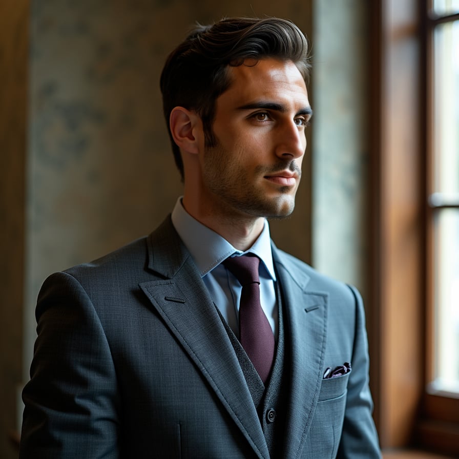 Man in suit, cinematic close-up, moody composition, professional.