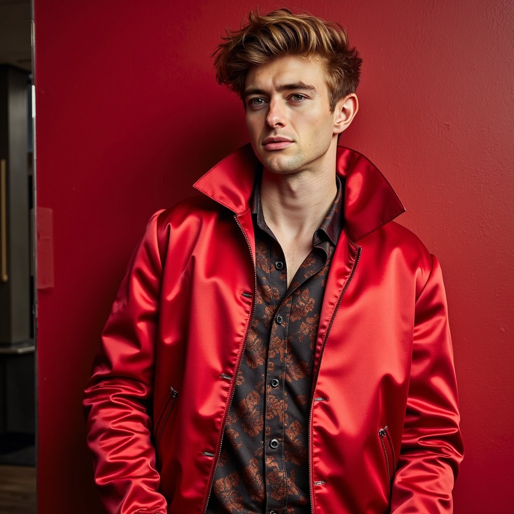 man wearing a vibrant red satin bomber jacket featuring an exaggerated, sculptural collar that stands dramatically. He has a subtle smirk playing on his lips, with his body held straight and assertive. His skin appears clean and sharp, complemented by minimalistic makeup and a hint of subtle stubble that adds texture. His hair shows natural texture, styled in a contemporary manner. The entire scene is bathed in focused spotlighting that dramatically accentuates the reflective qualities of the satin and the contours of his face, set against a solid, bold red backdrop for maximum impact.