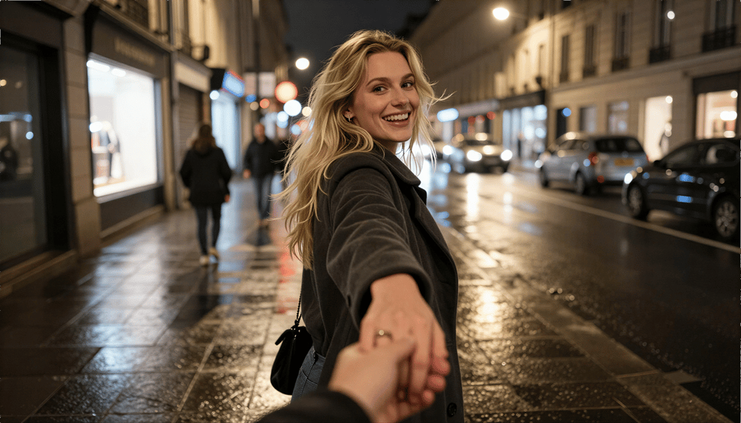 A candid, ultra-realistic nighttime street photo of a young blonde woman smiling excitedly while holding the viewer’s hand and leading them forward.
She is wearing a dark oversized coat and jeans, hair loose and slightly wind-blown.
The camera perspective is first-person, arm extended, hand-holding visible in the foreground.
Scene takes place on a wet European city street at night, with glowing shop lights, street lamps, reflections on the pavement, and soft bokeh from cars and pedestrians in the background.
Natural motion blur, handheld smartphone photo feel, authentic street photography, spontaneous moment, not posed.
Real skin texture, natural lighting, no beauty filters, no studio look.
Shot on a wide-angle lens, shallow depth of field, cinematic but realistic, Instagram-style candid travel photo.