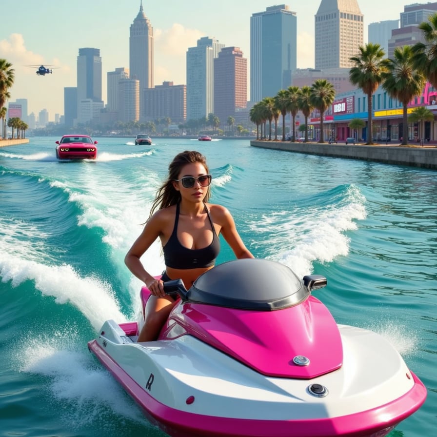 A GTA 6-style flooded city chase, muscle car hydroplaning across submerged highways, helicopters circling overhead, neon signs flickering in the rain