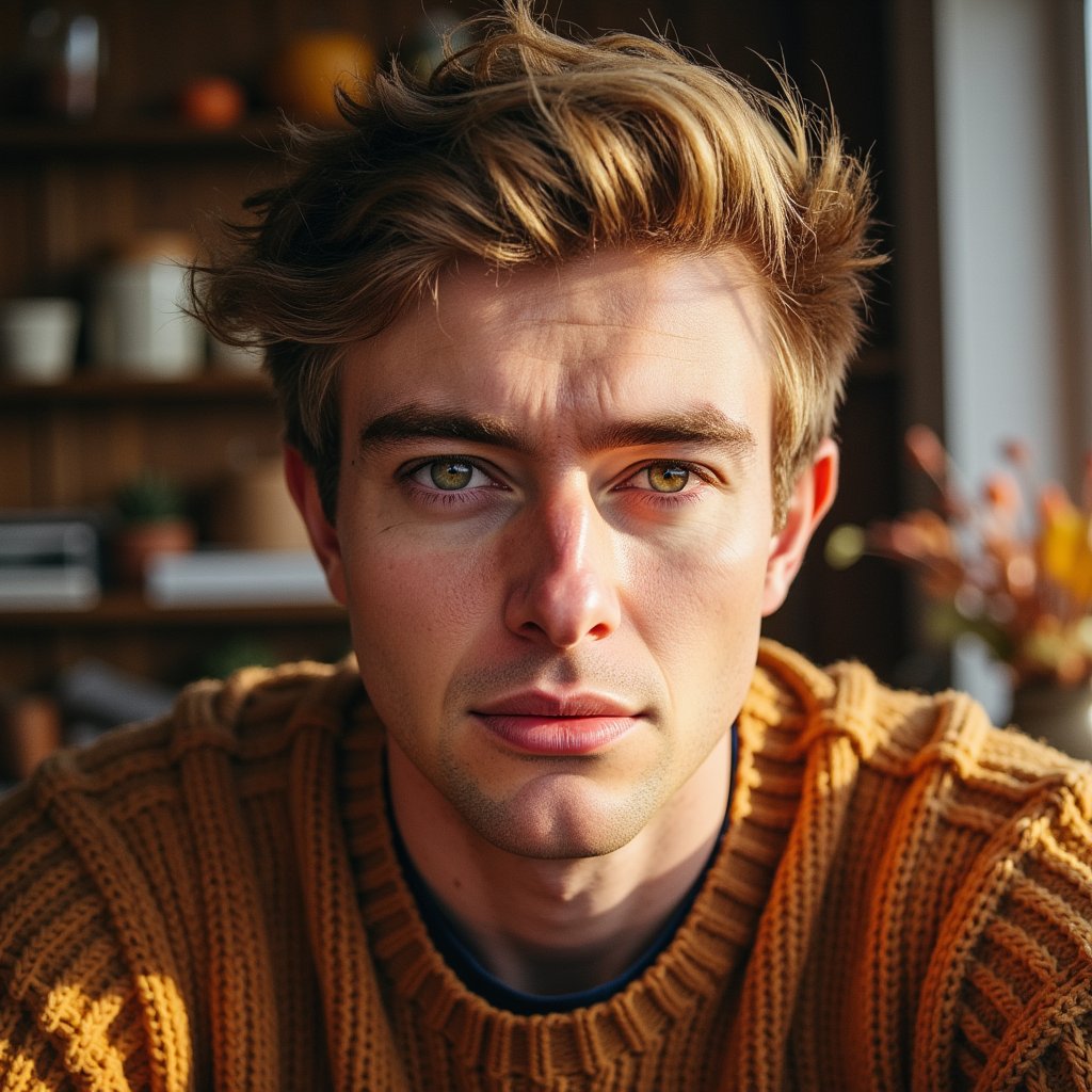 Highly detailed, highly realistic, hyperrealistic HDR close-up portrait of a man (male, 38 yrs) in moody, low-key lighting. Camera at eye level, tight crop on face and shoulders. Warm amber light from the right illuminates half his face, while the left fades into soft shadow. He wears a caramel-brown wool pullover, its dense weave sharply defined. His eyes show catchlights, beard lightly groomed, skin texture detailed — visible pores and fine wrinkles. Background softly blurred into warm tones of brown and amber. The image conveys introspection, gratitude, and stillness in cinematic Thanksgiving mood. HDR, high resolution, high quality, highly detailed, photorealistic.