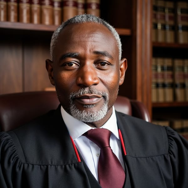 Head-on portrait of an elderly male judge, deep wrinkles, white beard, black robes with red trim, seated in high-backed chair, bookshelf behind; 85mm lens, diffused softbox light, sharp detail on skin, wood grain and cloth folds.