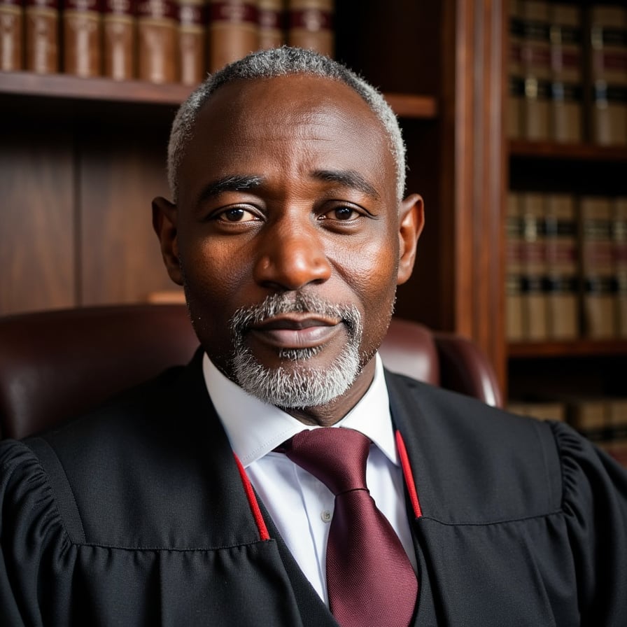 Head-on portrait of an elderly male judge, deep wrinkles, white beard, black robes with red trim, seated in high-backed chair, bookshelf behind; 85mm lens, diffused softbox light, sharp detail on skin, wood grain and cloth folds.