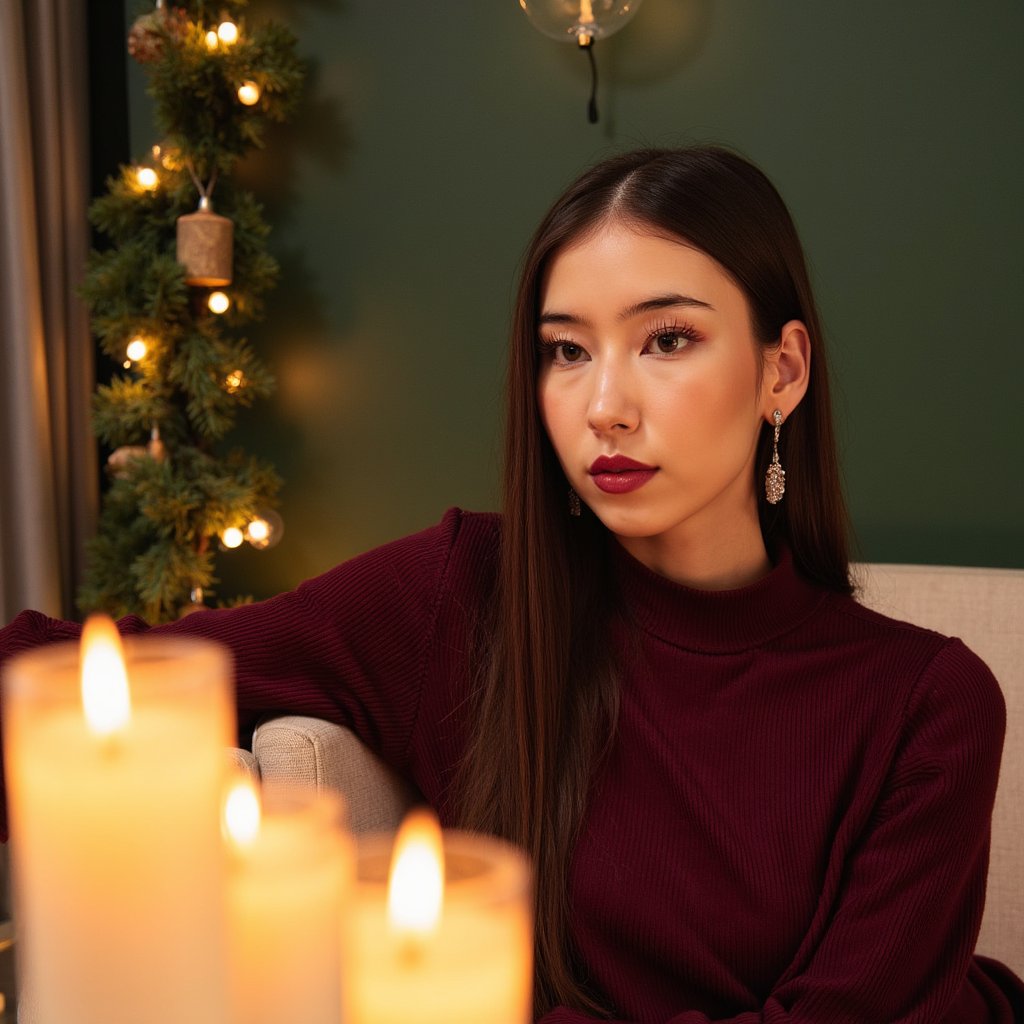 Headshot of a woman seated beside several blurred candles, positioned on the left side of the frame (rule of thirds). She wears a burgundy velvet mock-neck top with visible velvet grain.
Hair: sleek straight hair with a middle part, tucked behind both ears.
Makeup: warm bronze eyeshadow, soft wing, glossy berry lips, subtle candlelit highlight on cheekbones.
Lighting: warm candlelight key with gentle flickering reflections; soft diffused fill from camera-right to balance shadows.
Background: matte dark green wall with minimal décor—just a blurred evergreen garland; minimal clutter.
Camera: 100mm macro portrait, f/2.8; highly realistic, highly detailed, HDR, revealing velvet fibers, natural skin texture, and candle reflections.
