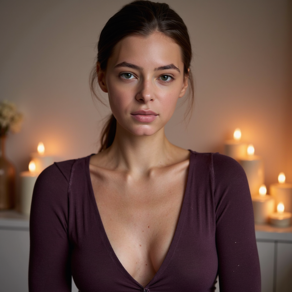 A highly realistic chest-up portrait of a woman in a candle-lit yoga studio, cap