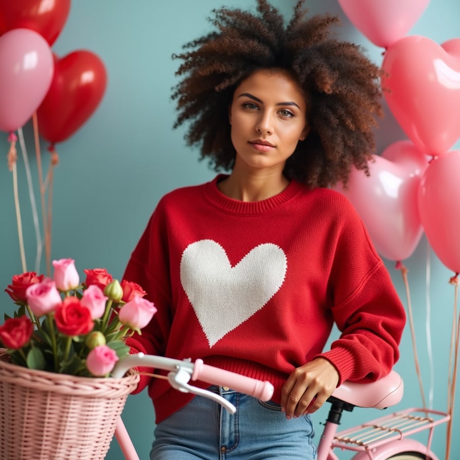 A model wearing a red and white heart-printed sweater, leaning against a pastel pink vintage bicycle decorated with a basket of flowers and heart-shaped balloons tied to the handlebars.