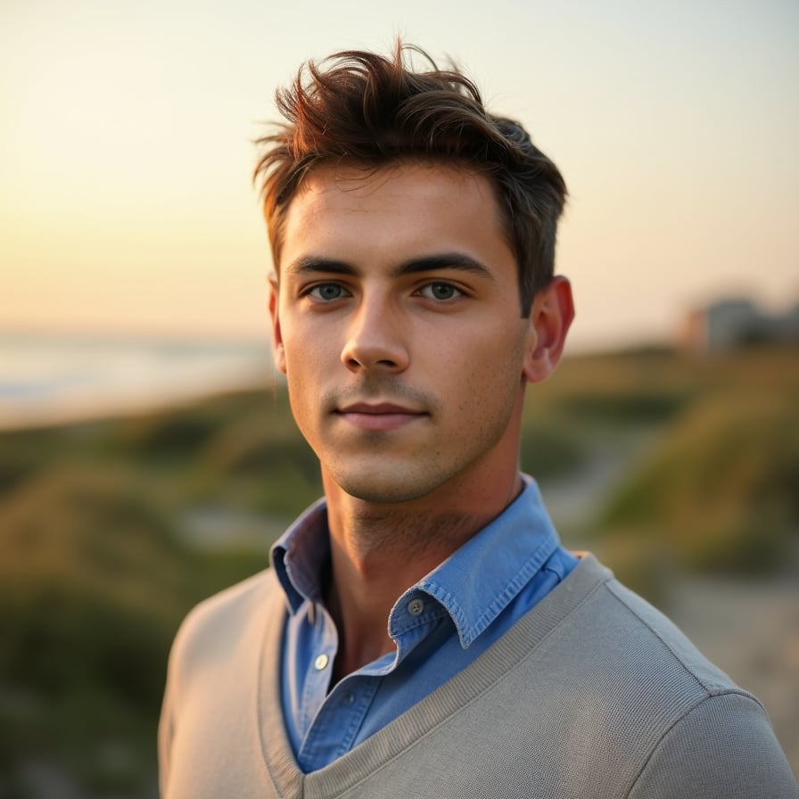 man with a warm, approachable smile. He is styled in casual yet well-fitted attire, such as a crisp shirt or sweater, and set against a natural outdoor backdrop like a park or beach at golden hour. The lighting is soft, enhancing his features and creating a confident yet relaxed vibe