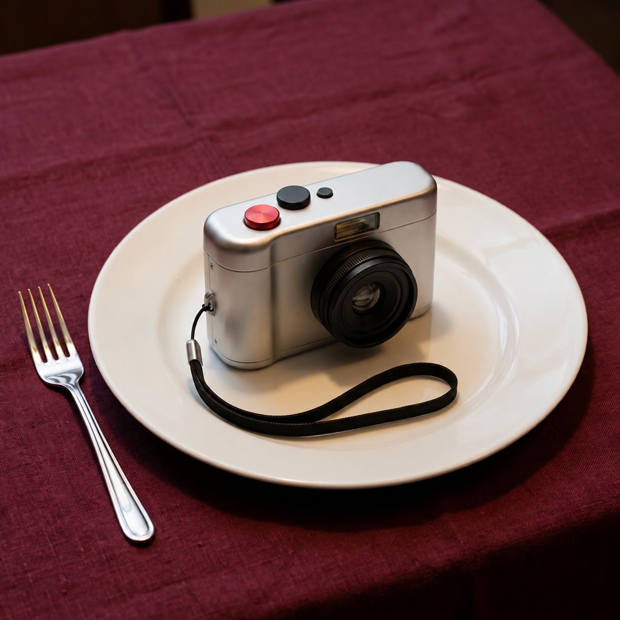 The same camera presented as a main course on a white dinner plate over a burgundy
tablecloth